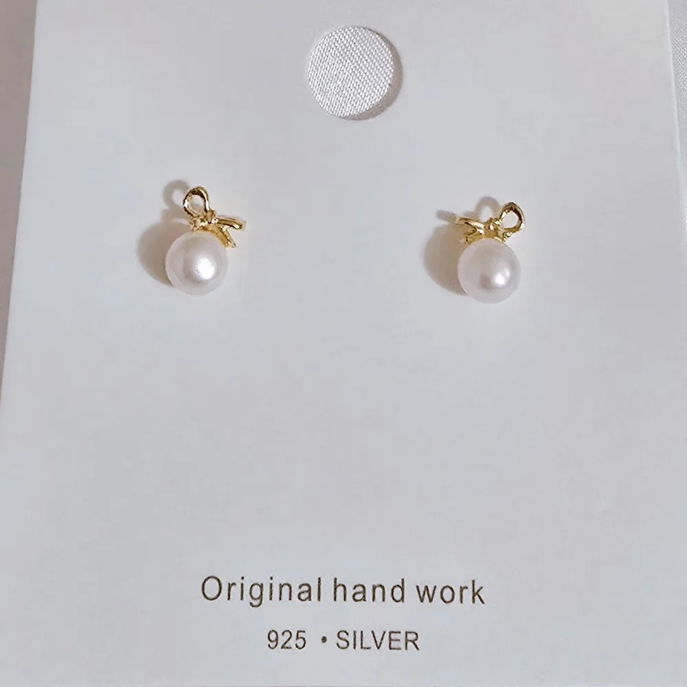 S 925‎ Needle - Gold-plated Bow Pearl Drop Earrings - Women Jewelry
